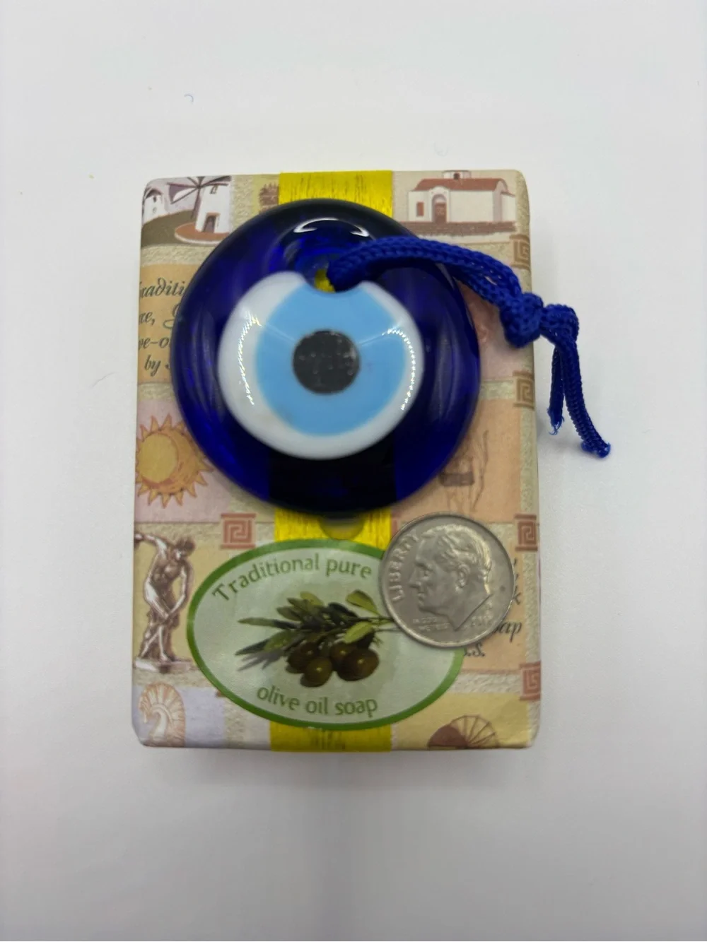 2Traditional Pure Greek Olive Oil Soap with Blue Turkish Evil Eye Charm Blue 2”